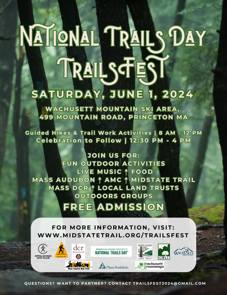 national trails day poster for 2024 - saturday june 1st at Wachusett Mountain